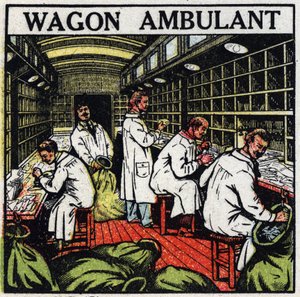 Post office: walking post office in a railway wagon. Anonymous illustration from 1925. Private collection. by Anonymous Anonymous