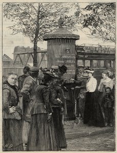 Public hygiene: inhabitants of Paris using one of the filtered water fountains installed in the 15th arrondissement. These fountains have a Chamberland Pasteur system filter. Engraving in Le monde illustree of 1892. Private collection by Anonymous Anonymous