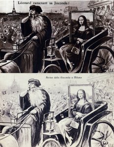Representation of Leonardo da Vinci bringing back his work The Mona Lisa after the theft by Vincenzo Peruggia on 21/08/1911. Comedy postcard