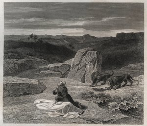 Saint Anthony the Great Buried Saint Paul of Thebes in the Desert. Engraving from 1846 in 