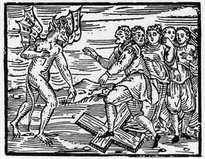 Satan forces his future disciples to walk on the cross - Compendium Maleficarum, deals with the witches, their evil and their sortileges by Francesco Maria Guazzo or Guaccio or Guaccius (15?? -16??) 1608 Private Collection. by Anonymous Anonymous