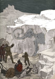 Search for mammoth fossil ivory in Siberia in the 19th century. Engraving from 1885 in 