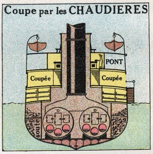 Ships: cross-section of a vessel with wheels by boilers. Anonymous illustration from 1925. Private collection.