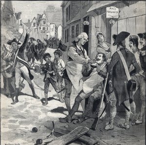 Siege of Lille in 1792: Maes Wig Using a Bomb Shatter as a Beard Dish to Shave a Client. Engraving in Le Petit Parisien on 16/10/1892. Private Collection by Anonymous Anonymous
