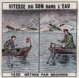 Sound energy: speed of sound in water. Experience of 1826-1827 by Jean Daniel Colladon and Charles Francois Sturm on Lake Geneva. Two boats moored 14 km apart, one of the boats supported a bell, a hammer h by Anonymous Anonymous