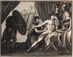 The Death of Epaminondas (after the battle against the Spartans at Mantineia 362 BC.). Engraving from 