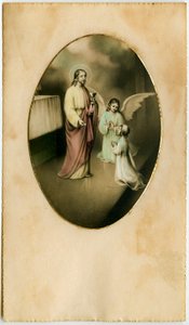 The Eucharist, Holy Communion, the Sacrament of the Altar: a child in front of Jesus (engraving)