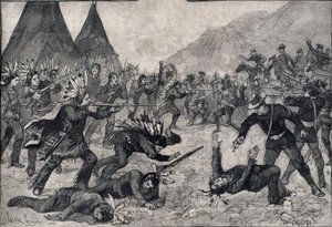 The Indian revolt in the United States: a fight between Sioux Indians and American troops. Engraving in 