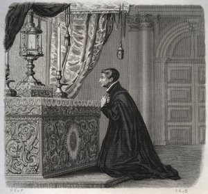 The Italian Jesuit Louis de Gonzague in Prayer. Engraving from 1846 in 