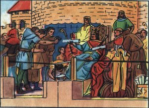 The King of France Louis VI the Fat (1081-1137) granting the Charter to the city of Paris. Anonymous illustration in 