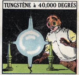 The atom and science: attempt to dissolve tungsten by volatilizing a fine wire of this metal to 40,000 degrees. Anonymous illustration from 1925. Private collection.
