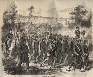 The chain started at the Toulon Bagne in the 19th century. Engraving in Histoire des bagnes depuis leur création à nos jours (1877) by Pierre Zaccone. Private collection.