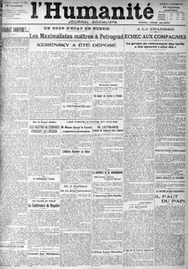 The coup in Russia on the headlines of the socialist newspaper Humanity. Headlines: The Masters Maximalists in Petrograd, Kerensky was deposited, The 9/11/1917