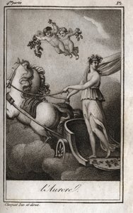 The dawn (Apollo guides the chariot of the sun). Allegory of sunrise. Engraving from 1819 in 