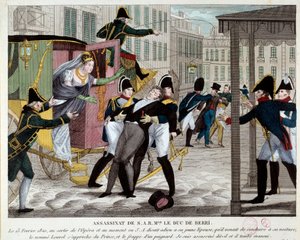 The death of Charles Ferdinand de Bourbon, Duke of Berry (1778-1820) 13/02/1820 at the exit of the Royal Academy of Music. The nephew of King Louis XVIII was assassinated at the Opera by Louvel, a republican who wanted to shut down the royal dynasty. (engr by Anonymous Anonymous