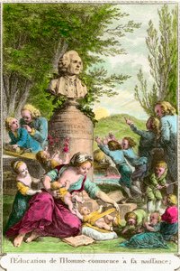 The education of man begins at his birth: mothers with their children, alongside a bust in tribute to the Swiss philosopher Jean Jacques Rousseau (1712-1778). Engraving of the 18th century