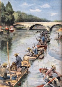 The opening of the fishing. Engraving from the newspaper Le Petit Parisien, on 21/06/1908. Private collection.