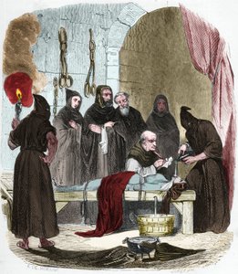 The question of water: Pedro de Arbues interrogates under torture a young woman who allegedly induced her sister to turn to Lutheranism. Tied by strings, water is poured into a cloth that is pushed into the bottom of the throat. by Anonymous Anonymous