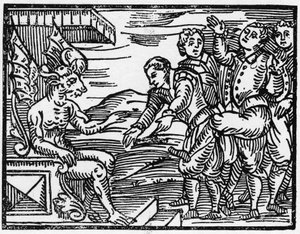The sorcerers pay tribute to the devil - Compendium Maleficarum, deals about witches, their evil and their sortileges by Francesco Maria Guazzo or Guaccio or Guaccius (15??? -16??) 1608 Private Collection. by Anonymous Anonymous