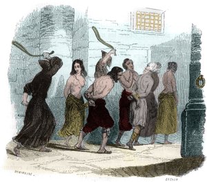 Torture during the Inquisition in Spain in the 16th century: The torment of the whip. Illustration in Mysteres of the Inquisition and Other Secret Societies of Spain by Victor de Fereal, Suberwick, Manuel Galo de Cuendias