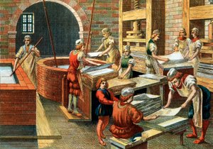 View of a paper manufacturing workshop in Fabriano in the 16th century, Italy. The different steps. Illustration by Anonymous Anonymous
