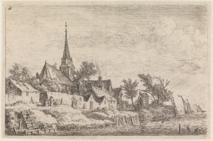 Village with a Church with a Spire, on the Seashore (No.4 from a Series of 12 Prints) by Anthonie Waterloo