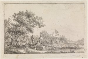 Three Anglers on the Bridge (No.7 from a series of 12 prints) by Anthonie Waterloo