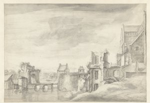 View of Ruins on a Riverbank (St. Walburgkerk in Arnhem?) by Anthonie Waterloo