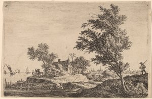 Traveler Passing Two Large Trees
