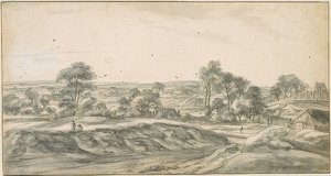 Village Scattered Under Trees, Church on the Right, Distant Hills with Fields by Anthonie Waterloo