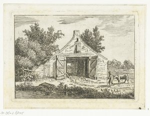 Man with Cow in Front of a Barn Outside Hattem by Anthonie van den Bos