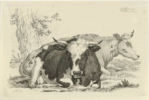 Two Lying Cows in Front of a Tree, Studies of Cows, Sheep and Goats (series title) by Anthony Oberman