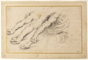 Figure of a man bending forward with the right arm outstretched; three studies of the right arm, and one of the left hand for the same figure by Anthony van Dyck