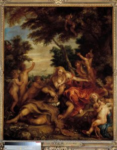 The love of Renaud and Armide. Illustration of a scene of 