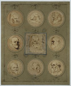 Collection sheet with nine study heads in medallions by Anthony van Dyck