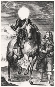 Headless equestrian portrait originally of Louis of France, engraved by Pierre Lombard (1612-80)