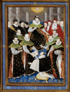 King Henry III presiding over the first ceremony of the Order of the Holy Spirit in 1587. Miniature by William Richardiere after Antoine Caron by Antoine (after) Caron