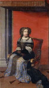 Portrait of Queen Maria Theresa, seated full length, in a jewel-encrusted black bodice with lace collar and a blue and gold skirt, on a throne by Antoine (after) Dieu