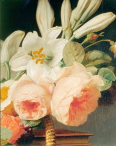 Bouquet of Lilies and Roses in a Basket on a Chiffonniere (Detail)