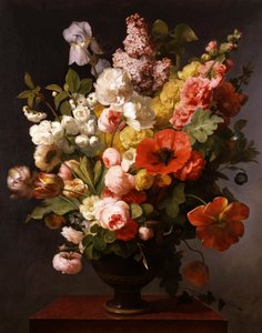 Still life of summer flowers with peonies, irises, and lilacs. 1819. Painting by Antoine Berjon (1754-1843) Private collection.