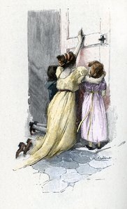 Josephine de Beauharnais crying with her children Hortense and Eugene at the door of the room of Napoleon Bonaparte refusing to open him after learning of his extramarital adventures during his stay in Egypt