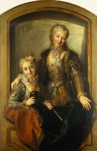 Portrait of Madame Dupille and Her Daughter, Mid-Body, Dressed in Ball Gowns in a Window, 1733 by Antoine Coypel