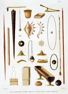 Household utensils and weapons from the Mariannas Islands, from Voyage autour du Monde, by Louis Claude Desaulses de Freycinet, engraved by Jean Louis Denis Coutant, published 1824 by Antoine Germain Bevalet