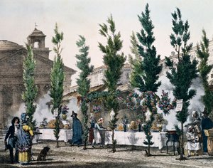 Food fryers at Pantheon during feast of St Joseph, engraving from Un an a Rome et dans ses environs (One year in Rome and in its surroundings), France by Antoine Jean Baptiste Thomas