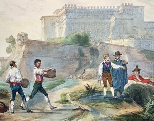 Playing ruzzica, colour lithograph from One year in Rome and its surroundings