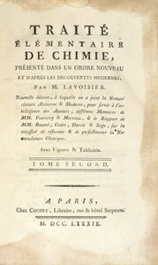 Titlepage of Traite Elementaire de Chimie, Tome II, published in Paris, 1789 by Antoine Laurent de Lavoisier