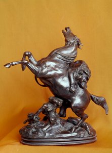 Lion Attacking a Horse Bronze sculpture by Antoine Louis Barye 19th century. Paris, Louvre Museum
