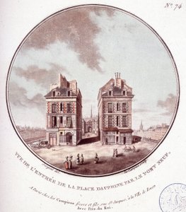 View of the entrance to Place Dauphine by Pont Neuf, Paris. In picturesque views of the main buildings of Paris by Sergeant