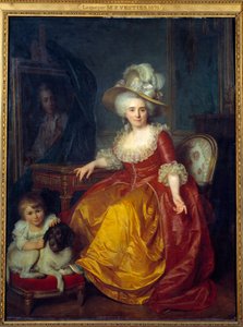 Portrait of Madame Vestier (1740-1831) with a child pinching the ear of a dog by Antoine Vestier