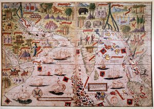 The Indes Portuguese nautical atlas. Page of the Atlas Miller manuscript made in 1519 by Pierre and Georges Reinel, Lopo Homem (cartographers) and Antoine de Hollande (miniaturist)